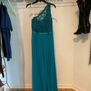 Elegant Teal One-Shoulder Lace Dress